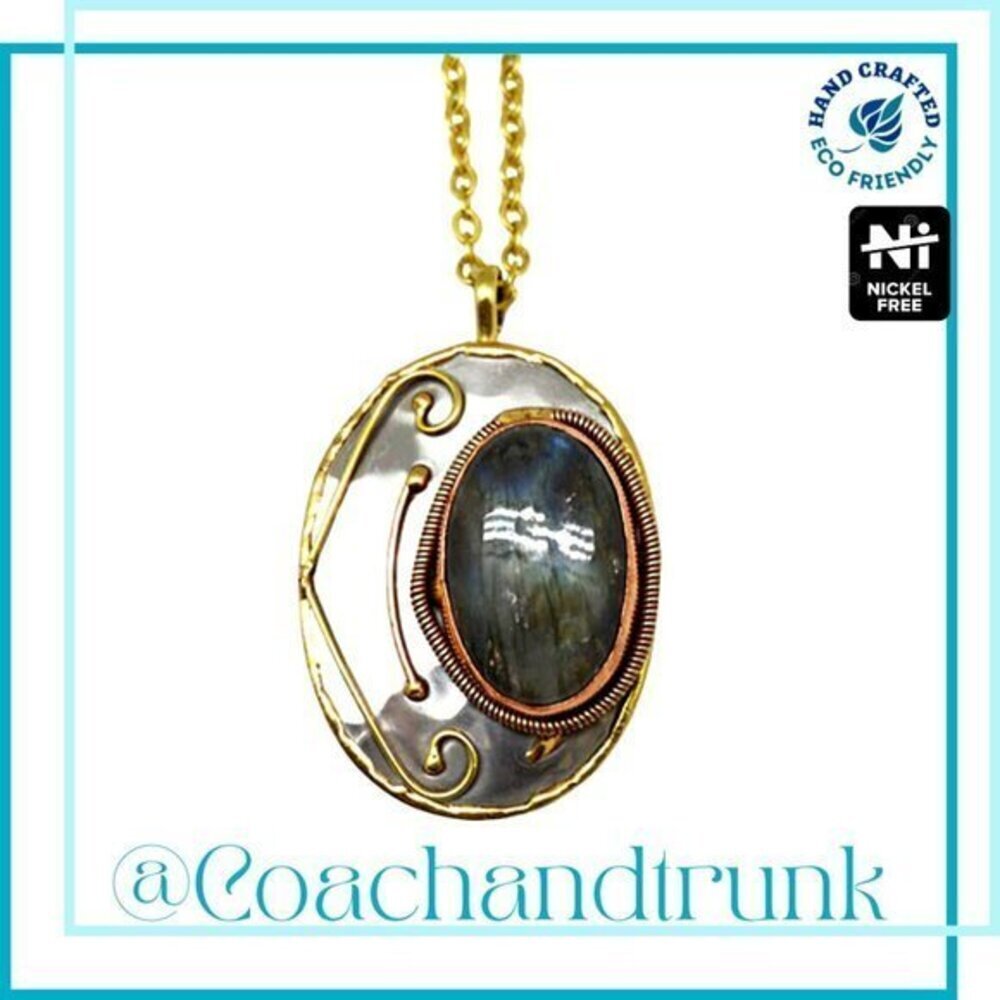 NWT Natural Labradorite Stone Hand Crafted Metal Work Accents Necklace